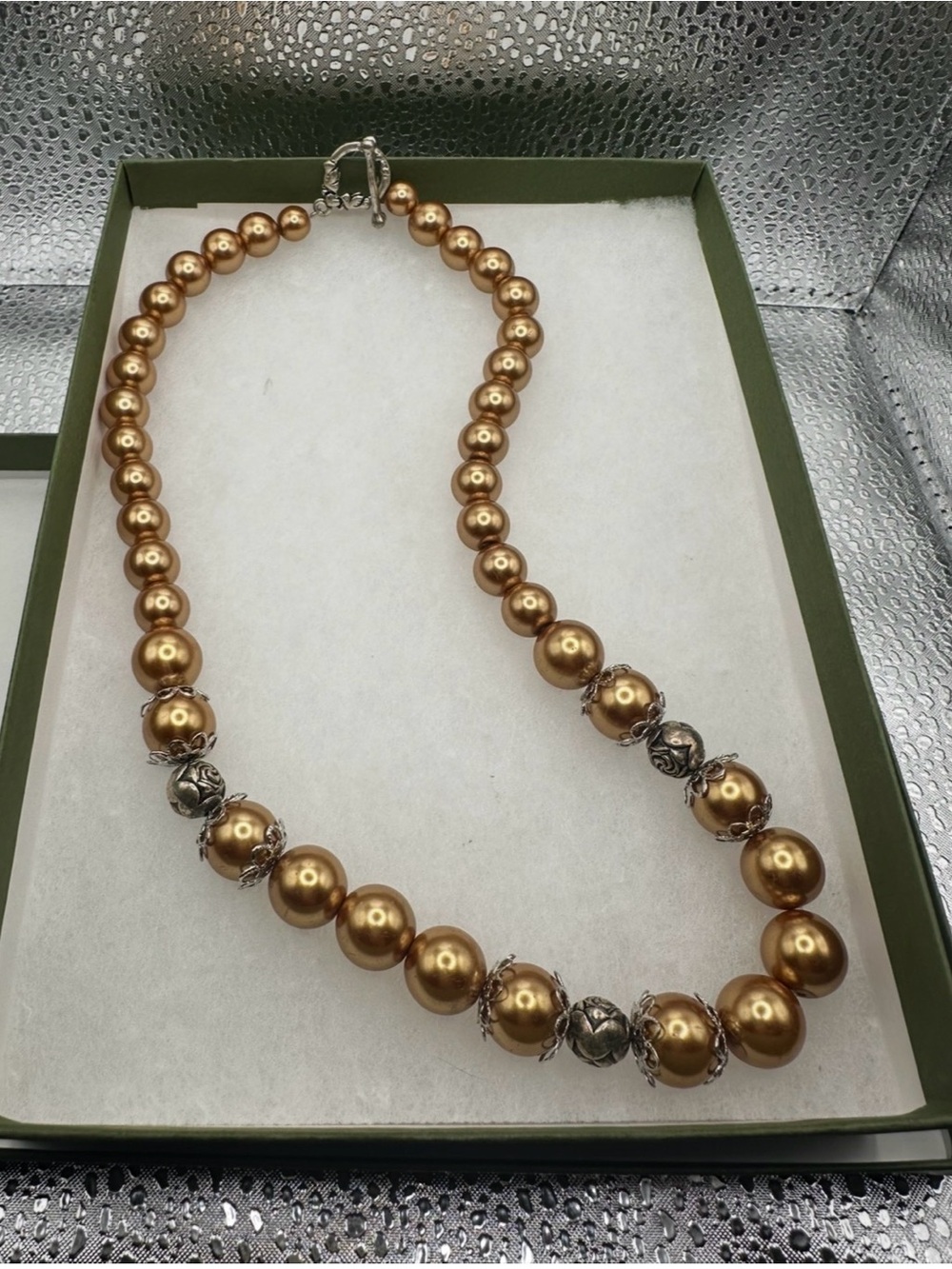 Artisan Graduated Bronze Faux Pearl Necklace Filigree Accents